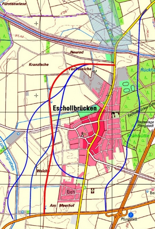 Die Karte zeigt die fünf von Hessen Mobil untersuchten Varianten für eine Ortsumgehung Eschollbrücken. Die rote Linie stellt die Vorzugsvariante des Straßen- und Verkehrsmanagements dar.